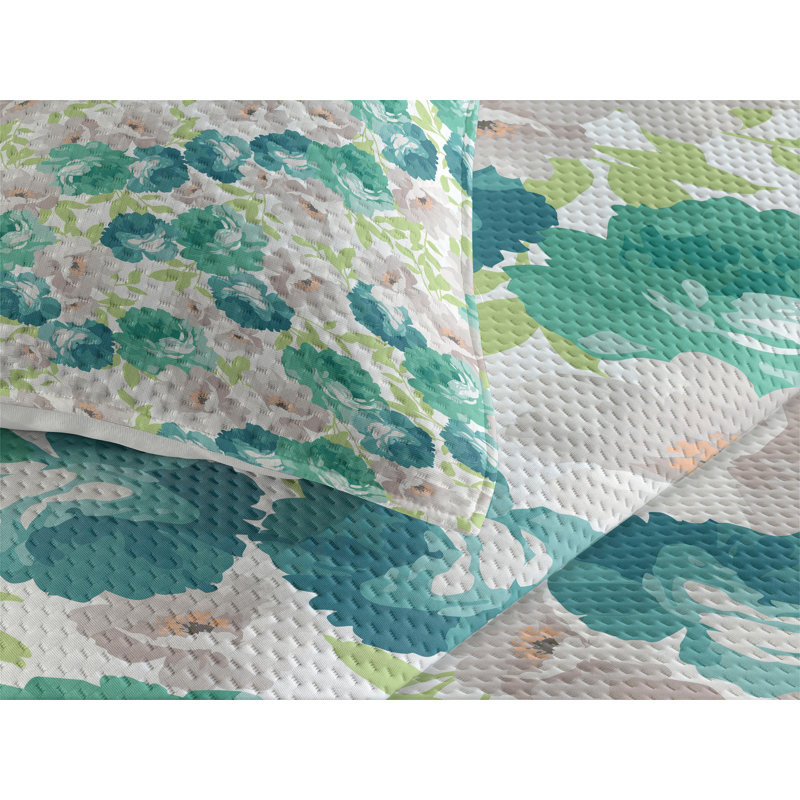 Farmhouse / Country Floral Coverlet, Rose Turquoise, King Bedspread + 2 Shams