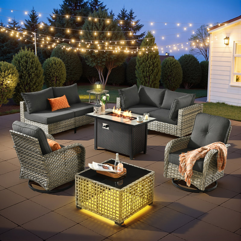 6-Person  All-Weather Wicker Outdoor Sectional With Cushions,Swivel Rockers,Led Coffee Table And Fire Pit, Beige
