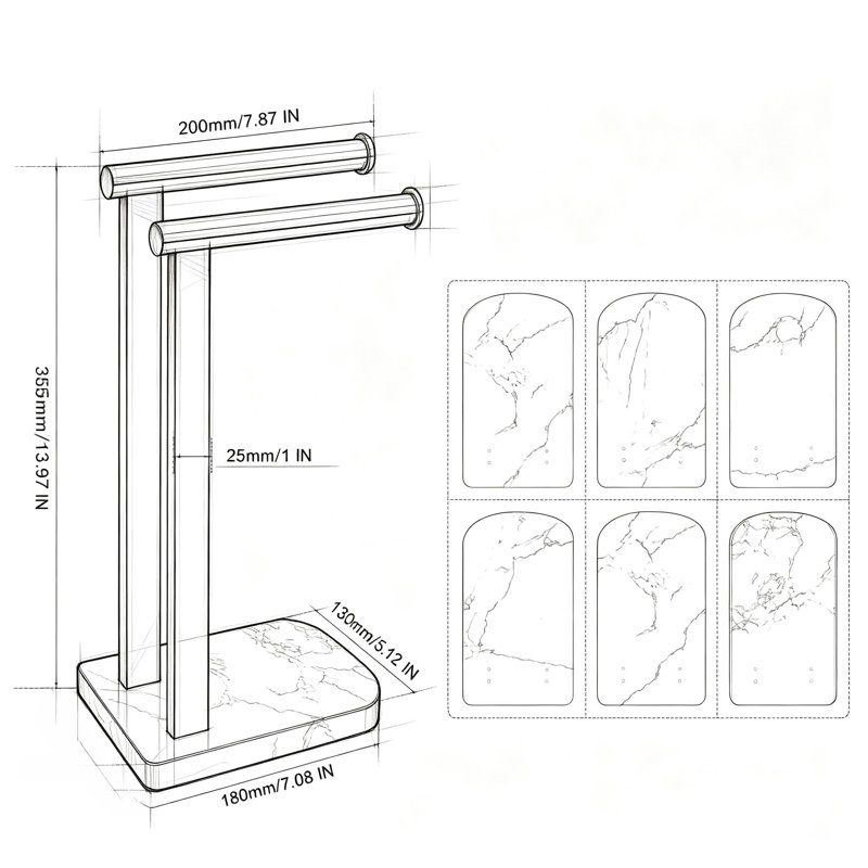 Porte-serviettes sur pied avec base en marbre, en acier inoxydable SUS304, en forme de L, double porte-serviettes pour salle de bain, comptoir ou évier de cuisine, base antidérapante.