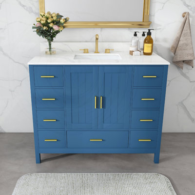 Meuble-lavabo moderne en bois massif de 42 po avec comptoir en quartz et 9 tiroirs