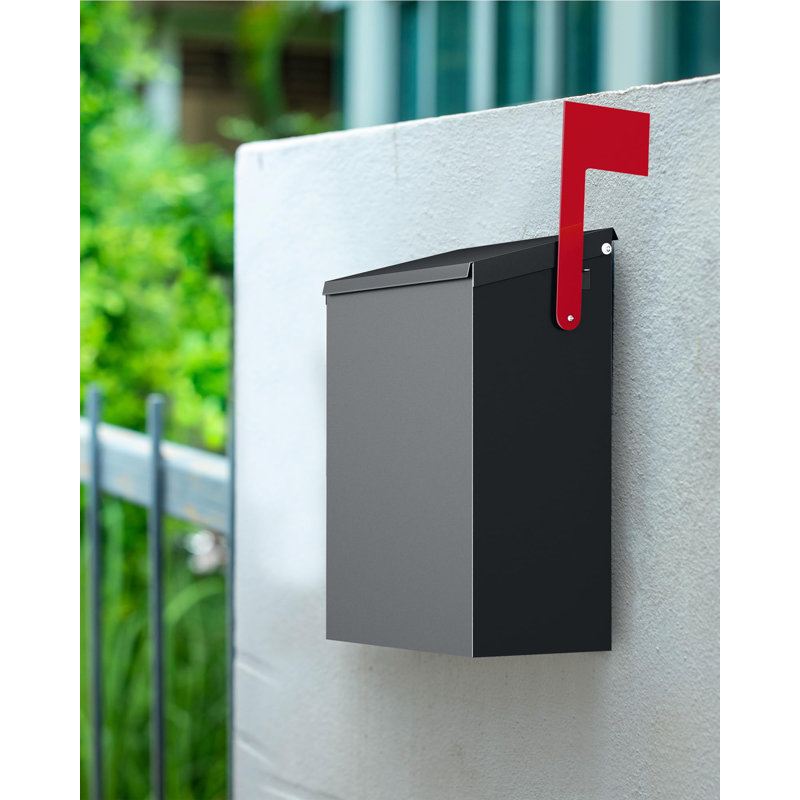 Wall-Mount Mailbox With One Flag Kit And Three Sets Of 0-9 Mailbox Number Stickers, Mailboxes For Outside, Galvanized Steel Rust-Proof Metal Post Box, 7.1"X3.9"X10.24" Black