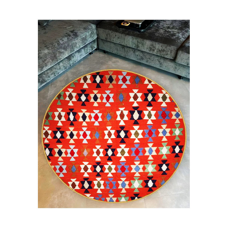Red Themed Multicolored Ethnic Motif Patterned Round Woven Base Vintage Decorative Carpet, Round 2'8"