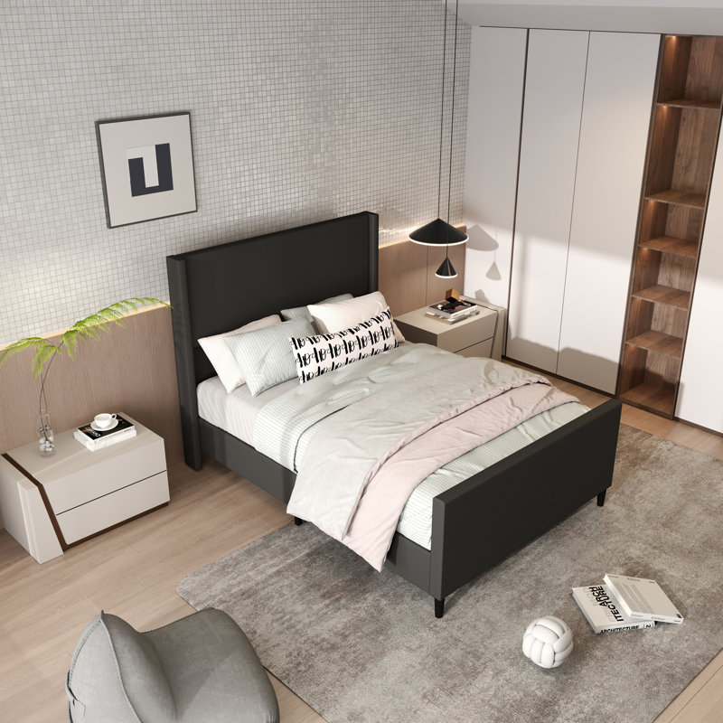 Très grand lit plateforme tapissier gris de 77,3 po avec tête de lit et pied de lit, Gris, Très grand