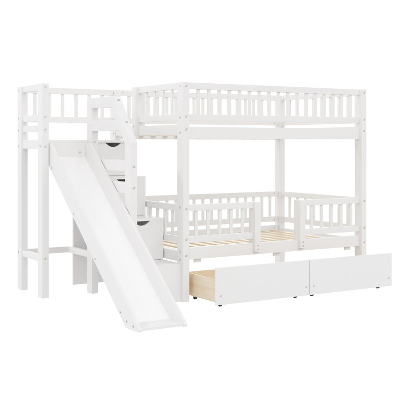 Lit superposé simple au-dessus de simple avec escalier de rangement, glissière et 2 tiroirs, blanc