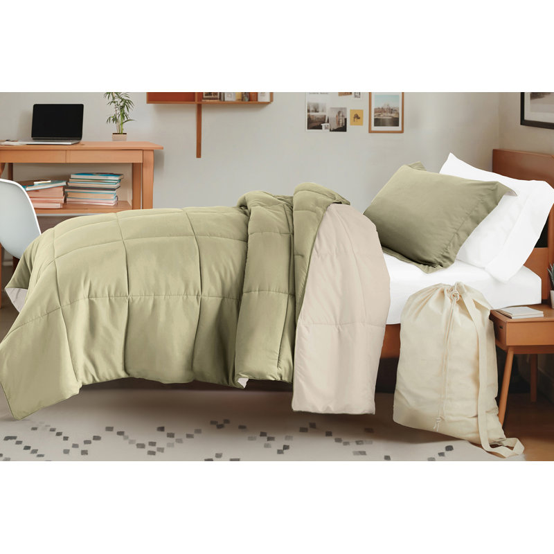 8-PC College Dorm Twin XL Bedding Bundle - Comforter Set, Sheet Set, Pillows and Laundry Bag, Sage / Ivory