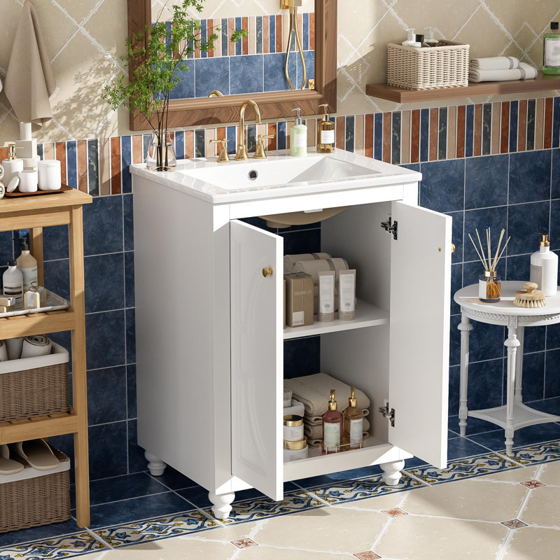 Meuble-lavabo autoportant de 24 po avec lavabo et rangement à fermeture en douceur, Blanc