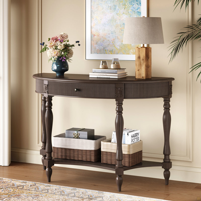 Console demi-lune en bois massif avec tiroir et tablette, table d'entrée incurvée à cannelures vintage pour vestibule de couloir, canapé à espace étroit avec pieds sculptés à colonne romaine, brun rustique profond