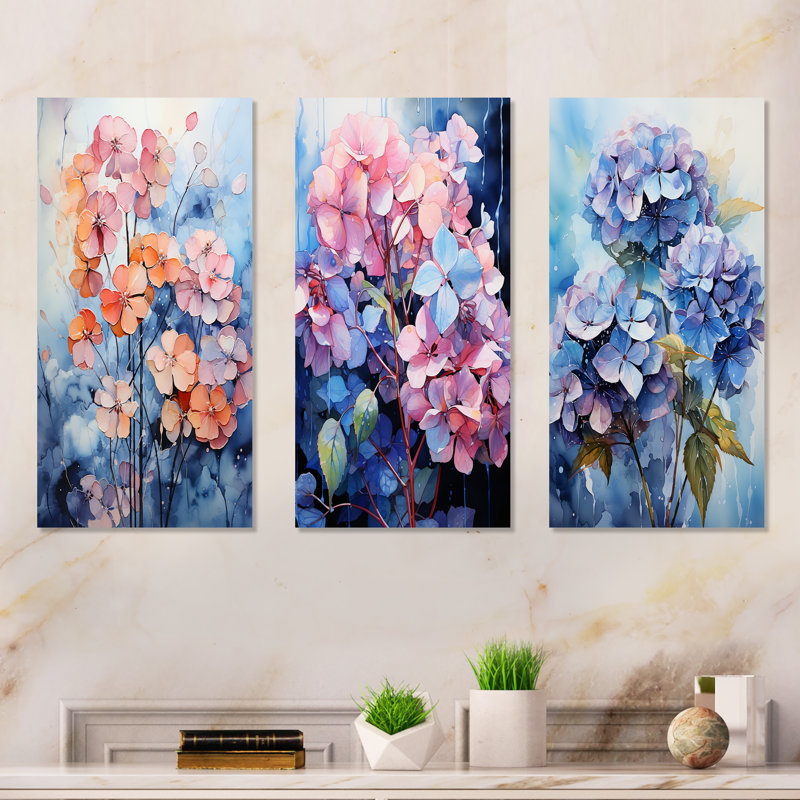 Blue And Purple Hydrangea Bloom - Hydrangea Metal Wall Art Living Room Set Of 3, 28" H x 36" W