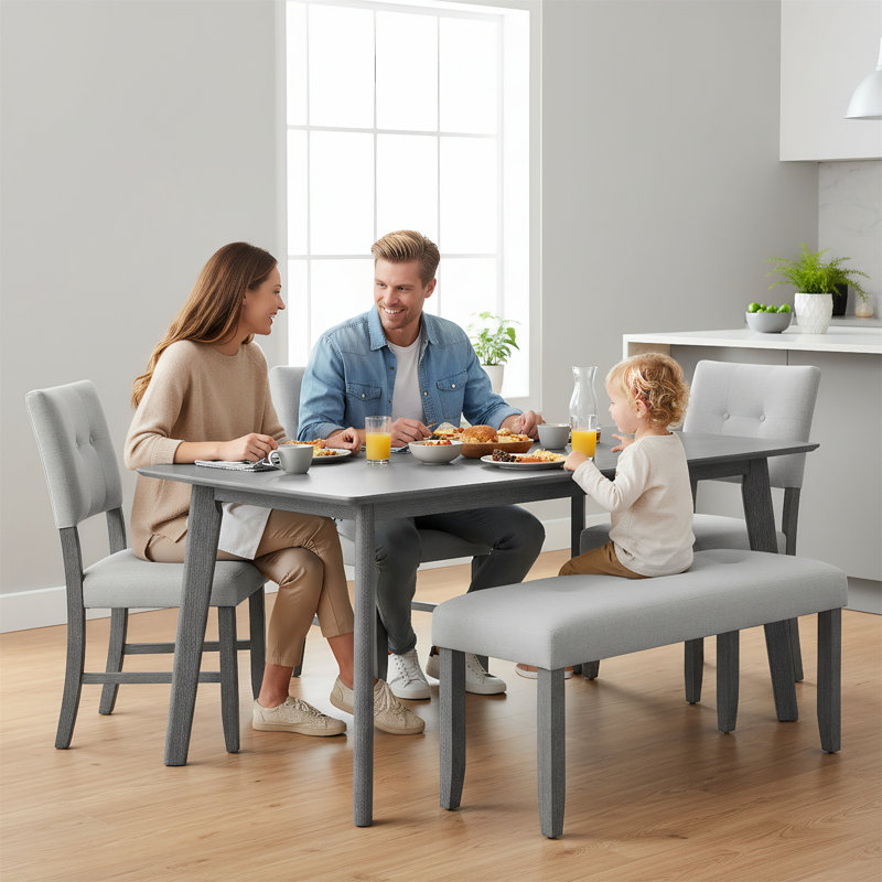Ensemble de salle à manger 6 personnes: table de salle à manger rectangulaire avec 4 chaises rembourrées et un banc, Gris