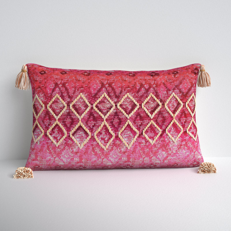 Pink and Ivory Embroidered Cotton Velvet Lumbar Pillow