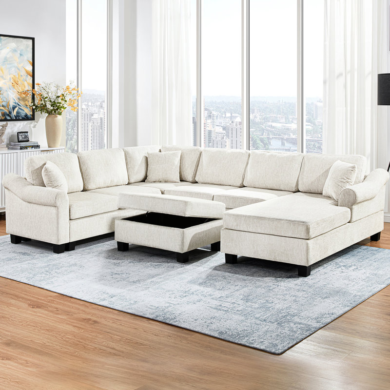 Canapé modulaire en chenille blanc en forme de U de 111,8 po pour espace de vie principal avec rangement mobile, 6 sièges, accoudoirs roulés et dossier rembourré, offrant une expérience d'assise confortable