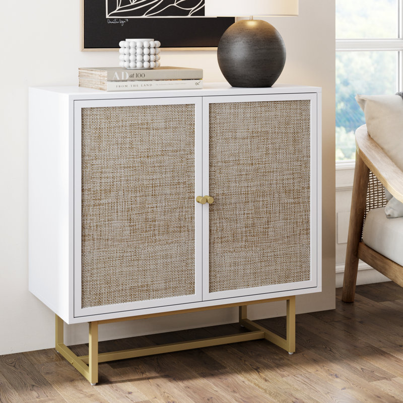 Armoire de rangement en bois et rotin blanc, Blanc / laiton canne