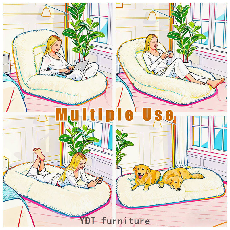 Human Dog Bed,Lazy Sofa,5-Position Adjustable Convertible, Beige Polyester