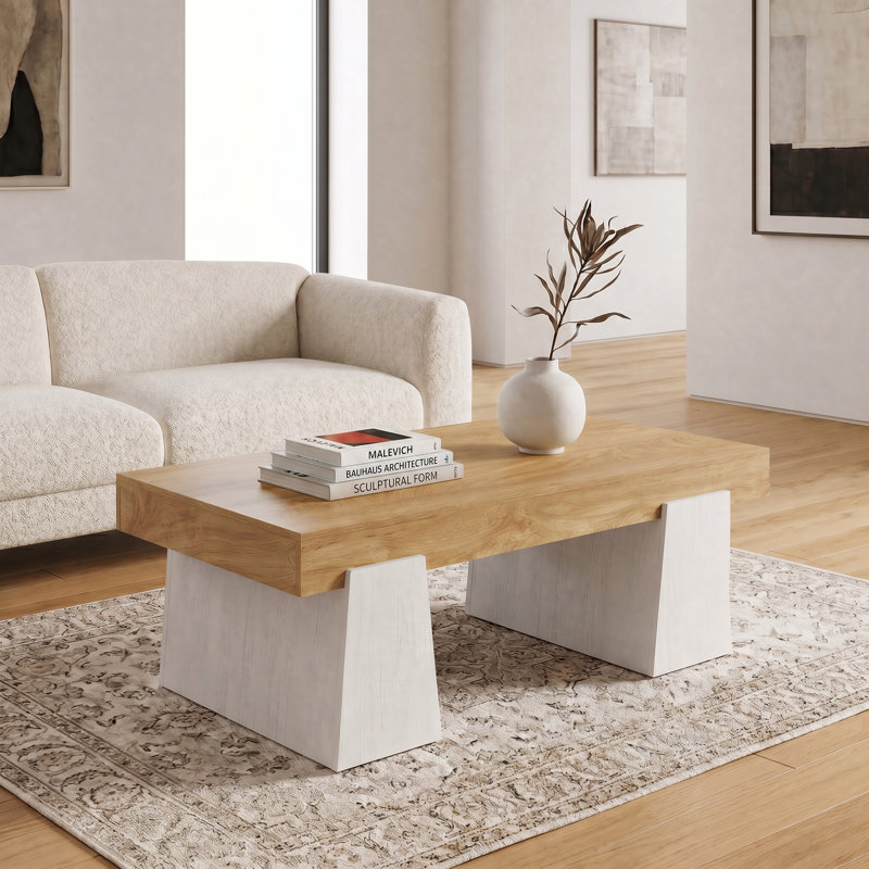 Table basse rectangulaire de style ferme de 120 cm pour salon - Grande table centrale en bois, plateau épais et piètement robuste - Style rustique moderne - Couleur : Blanc antique + anneaux de croissance jaune pâle