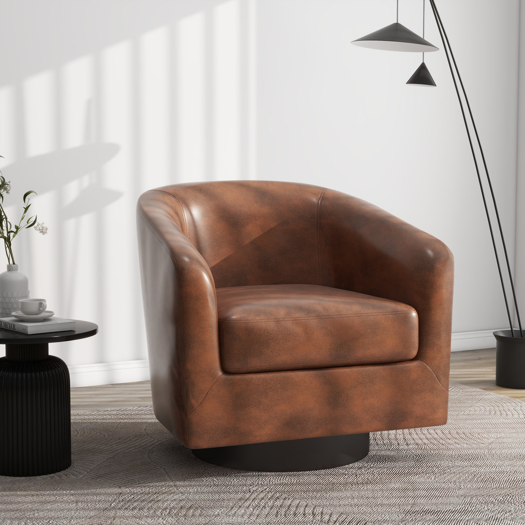 Applewold Faux Leather Swivel Barrel Chair with Solid Wood Base Wrought Studio™ Leather 
