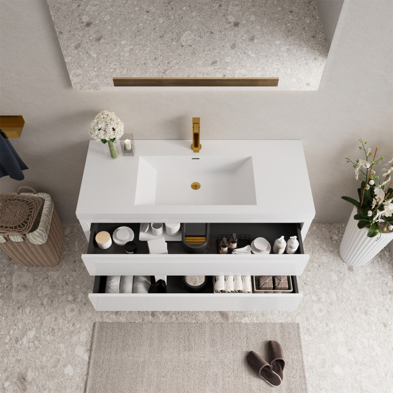 Meuble-lavabo mural de 48 po avec lavabo, armoire de rangement flottante et tiroirs à fermeture en douceur pour salles de bain modernes