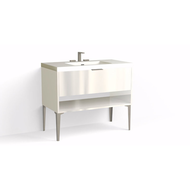 Modo 42" W Freestanding Single Bathroom Vanity with Dean Leg, Matte White/8" Widespread, White Acrylic, Polished Nickel