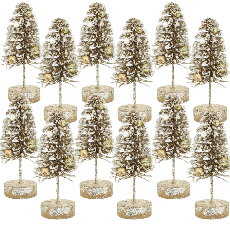 Champagne Glittered Tree On Wood Base - Set of 12 - 2.4" x 2.4" x 6"H - Gold