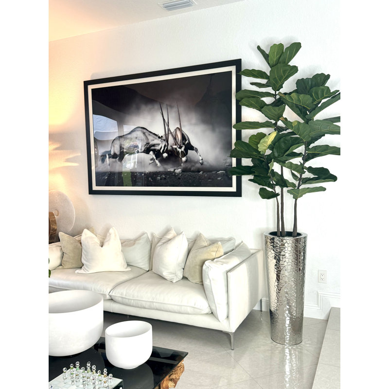 Fiddle Faux Fiddle Leaf Fig Tree in Metal Planter, Silver, 96" H x 42" W x 28" D