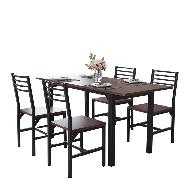 Ensemble de salle à manger extensible 5 pièces, table de salle à manger extensible de 47 à 63 po avec 4 chaises, ensemble de table de cuisine avec panneau en bois aggloméré et structure en métal, pour les petits espaces