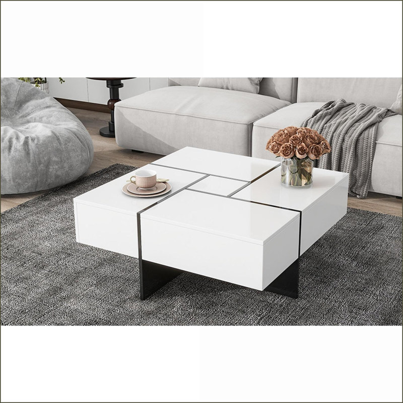 Table basse blanche extensible ultrabrillante UV avec 4 compartiments cachés pour le salon, peu encombrant et amp; Organisé