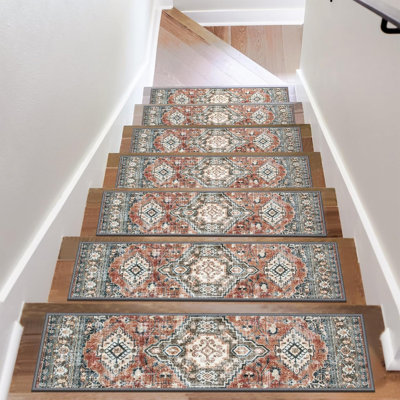 8 "x30" indoor wooden stair treads, 15 piece set, non slip rubber straps, rust red for children and pets