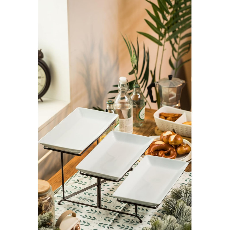 3 Tier Serving Tray Porcelain Tiered Serving Stand Collapsible Sturdier Rack Serving Platters With 2 Cross Bars For Thanksgiving, Christmas, Fruit Dessert Party Display Set, 12 Inch, Bronze