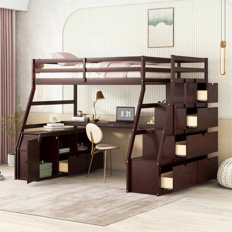 Lit mezzanine simple avec 7 tiroirs, 2 tablettes et bureau pour une utilisation compacte et multifonctionnelle dans les chambres modernes