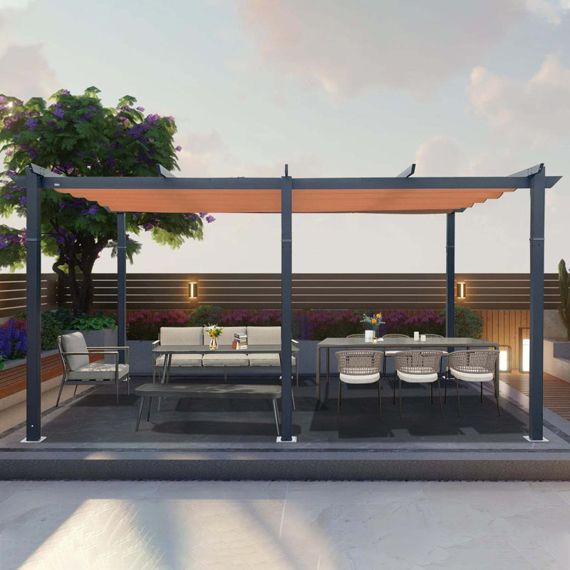 Outdoor Aluminum Retractable Pergola with Canopy, Khaki, 11 ft x 16 ft
