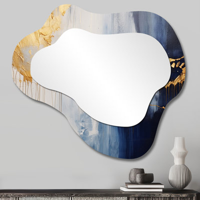 Waves Of Joy Minimal Nova Blue And Gold III - Abstract Painting Cloud Decorative Mirror, Modern Asymmetrical Wall Mirror, Printed Metal Art