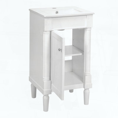 Meuble de salle de bain de style français avec lavabo en céramique, tablette réglable et charnières à fermeture douce, blanc