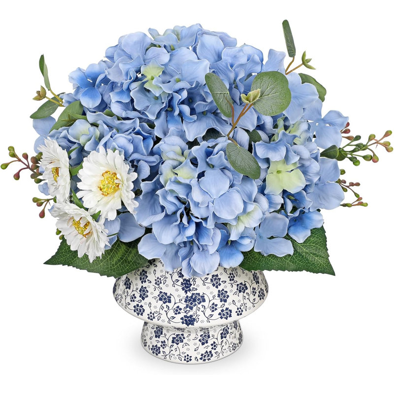 Blue Hydrangea & Daisy Artificial Flower Bouquet in Ceramic Vase