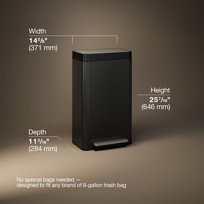 Reset 8 Gallon Kitchen Trash Can, Stainless Steel Hand Free Step Trash Can with Quiet-Close Lid, Black Stainless Steel