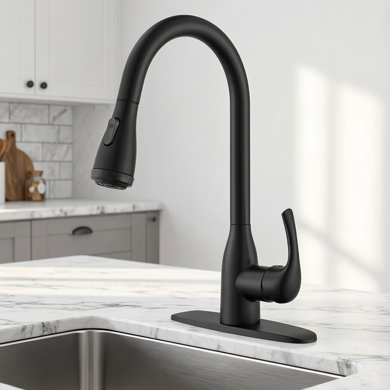 Matte Black High-Arc Kitchen Pull-Out Faucet, Single Handle, Four Water Flow Settings, Stainless Steel Body With Pull-Out Spray Head.