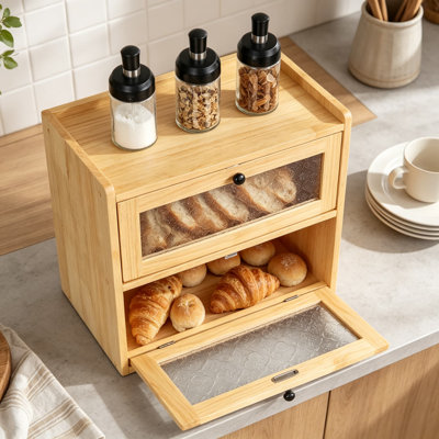 Large Wood Bread Box for Kitchen Countertop with Acrylic Window Doors, Airflow Vents, Flat Top Storage
