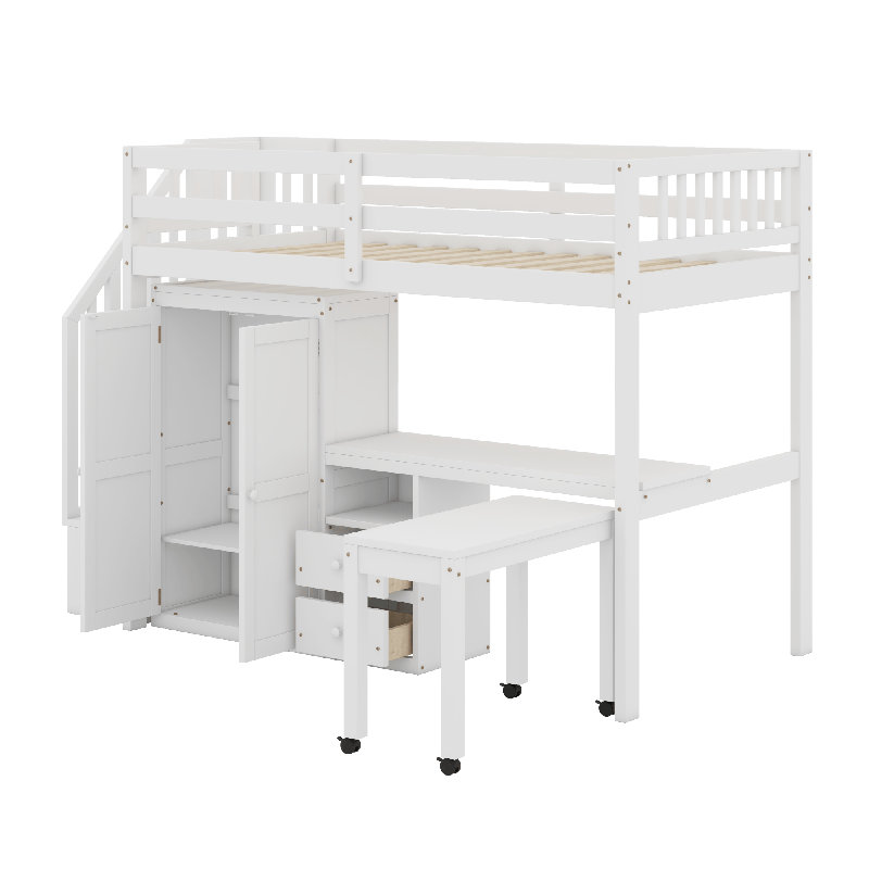 Lit mezzanine avec escalier, Lit simple, Blanc
