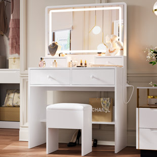 Makeup Vanity Desk with Lighted Mirror Charging Station and Storage Chair