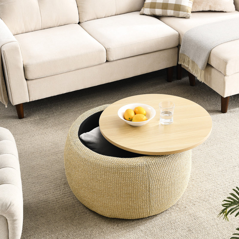 Rangement rond naturel - 2 en 1, table de bout et siège fusionnés, fait à la main avec un revêtement en plastique, 25,5 po x 25,5 po x 14,5 po, 23 lb, capacité de 250 lb, entièrement assemblé 1 tour, couleur, peut être utilisé comme 25,5 x 25. 5 x 14,5