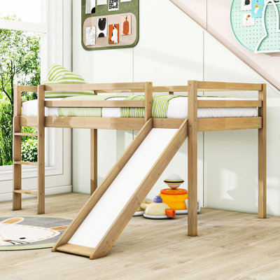 Twin Wooden Low Loft Bed With Slide And Safety Guardrails
