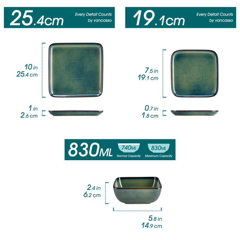 4 Piece Stoneware Dinnerware Set - Service for 4, Green
