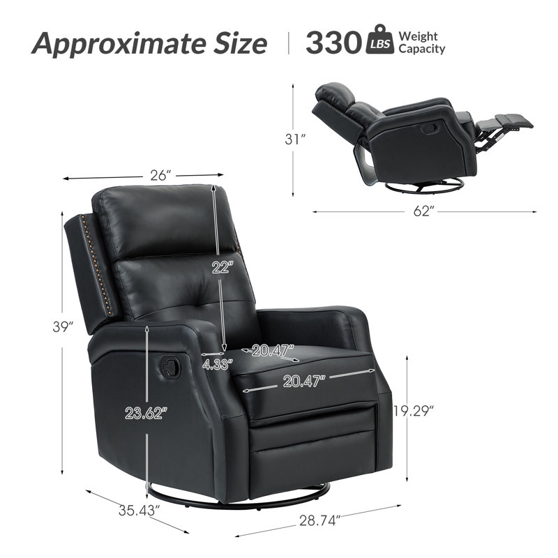 Fauteuil inclinable manuel pivotant Rudisill (ensemble de 2), Cuir véritable noir