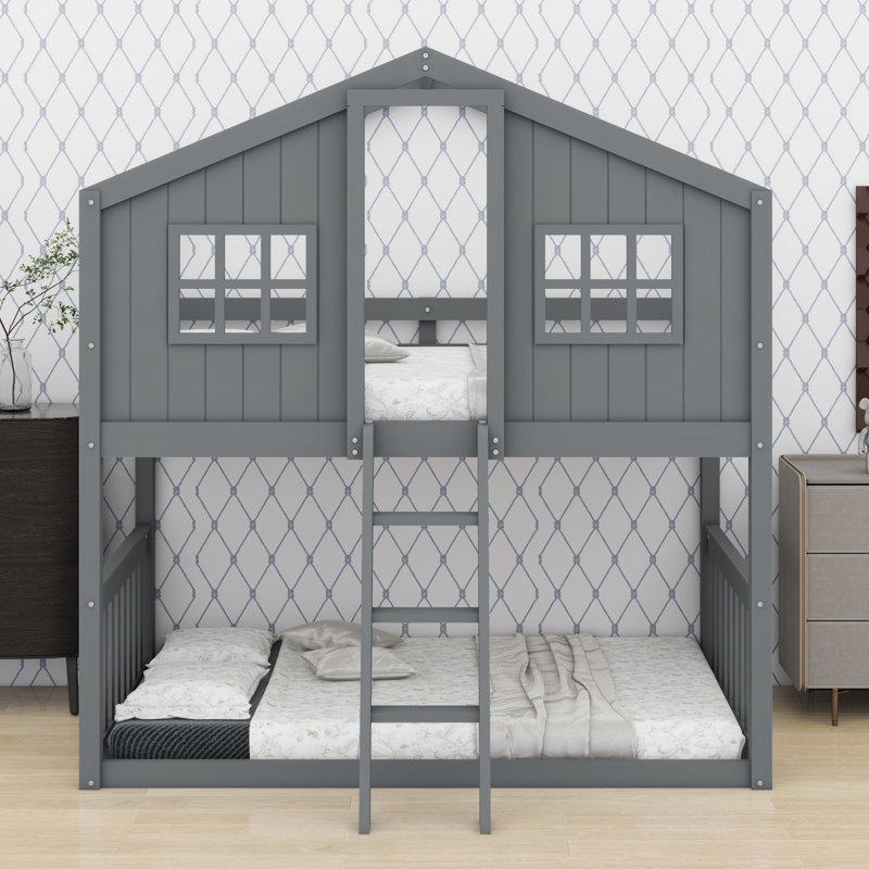 House Bunk Bed With Ladder, Wood Bed, Grey