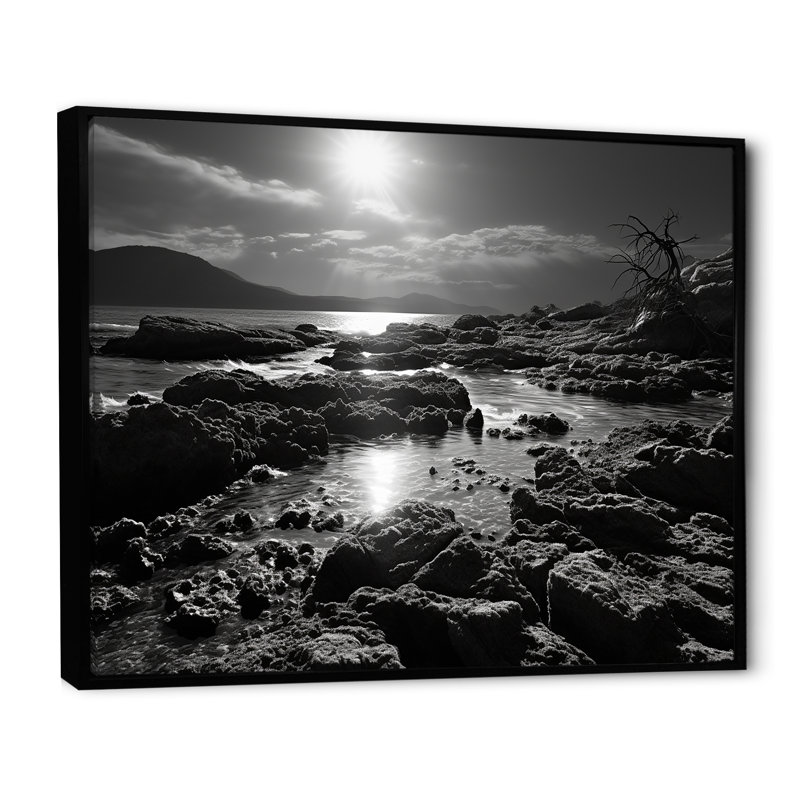 Plage rocheuse noire et blanche sur toile, H 30 po x l 40 po x P 1,5 po, Cadre flottant noir