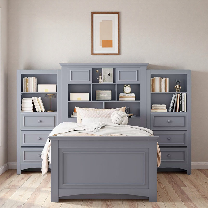 Lit plateforme en bois avec tiroirs et compartiments de rangement, Gris
