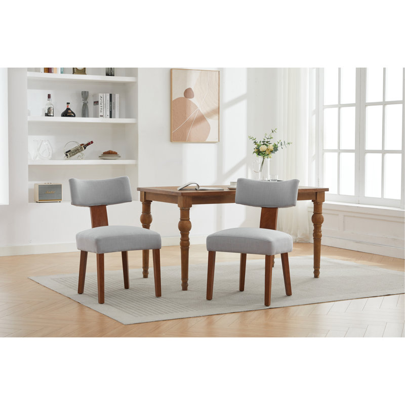 Ensemble de 2 chaises de salle à manger sans accoudoirs modernes en lin avec dossier incurvé et pieds en bois massif pour le salon, gris