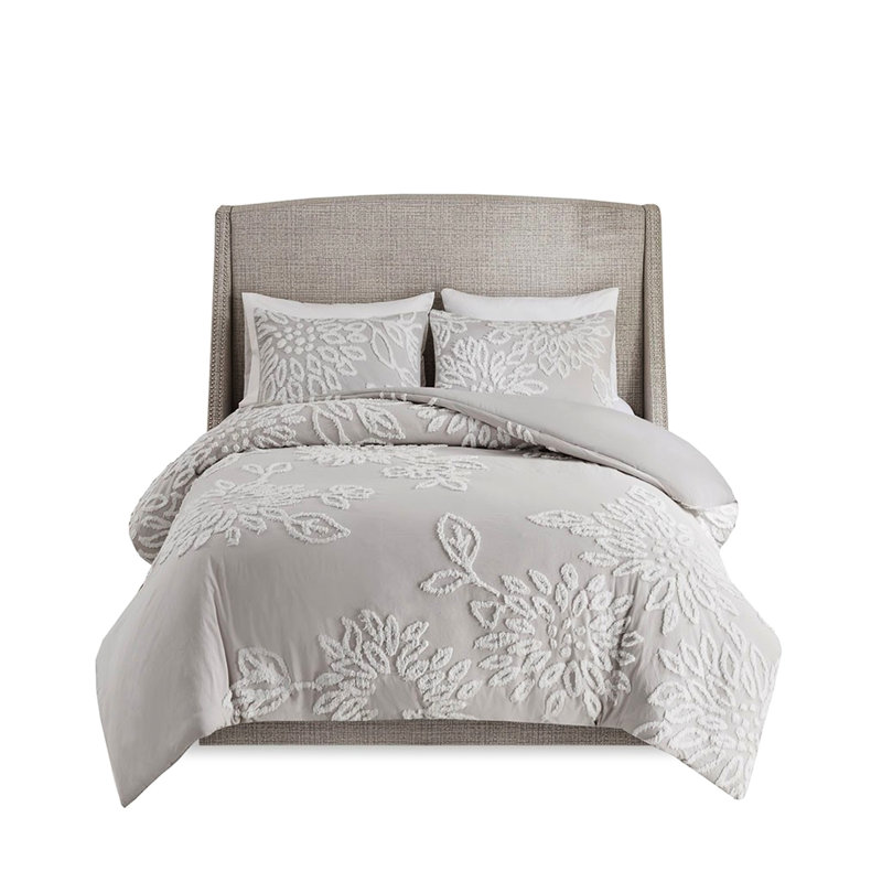 Ensemble de housse de couette pour très grand lit / très grand lit 3 pièces - Chenille, coton, motif de fleurs grises, décor de chambre 100% floral