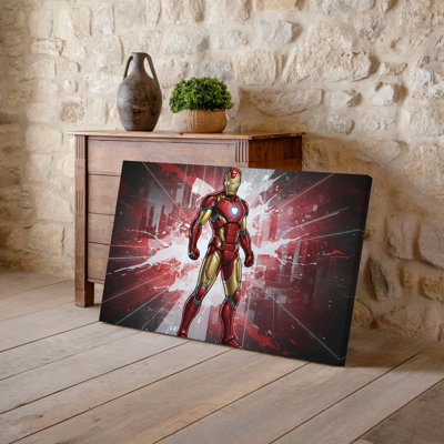 Canvas A Striking Superhero Figure Stands Confidently In A Dynamic Pose Wall Art Showcasing A Sleek Metallic Red And Gold Suit That Canvas Wall Art