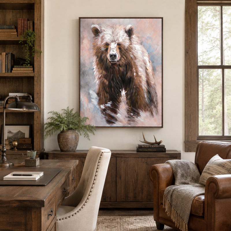 Grizzly Hand Painted Brown Bear Framed Canvas Wall Art