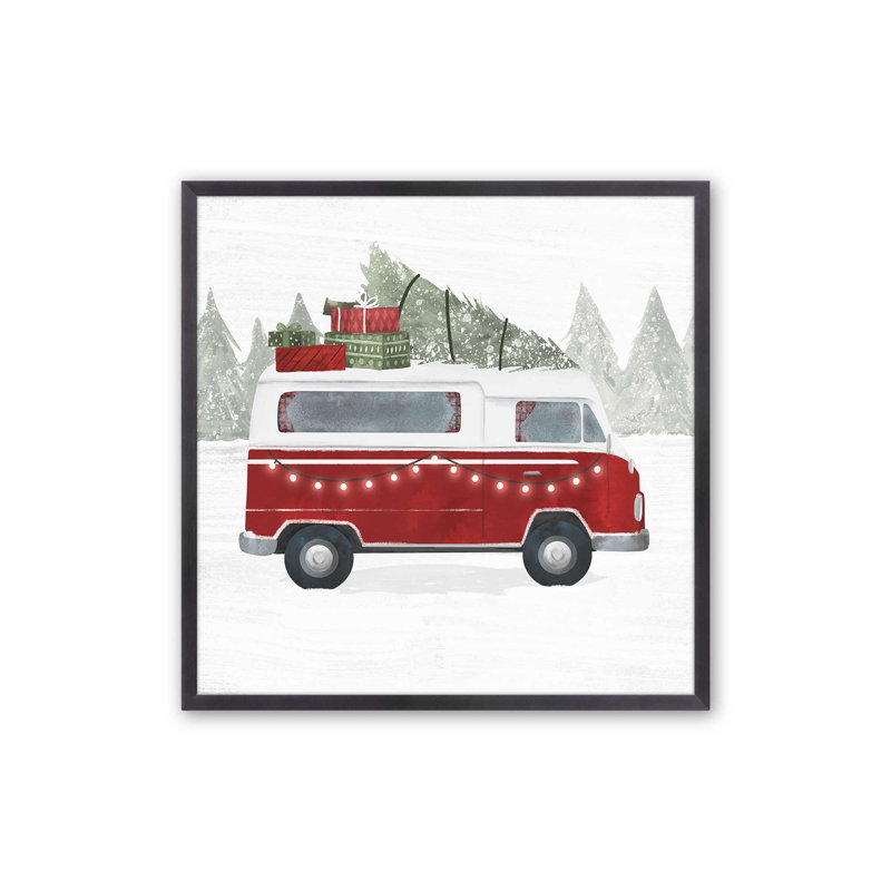 Impression de camionnette de Noël rétro, H 13,75 po x l 13,75 po, Cadre simple en zinc patiné, bois massif