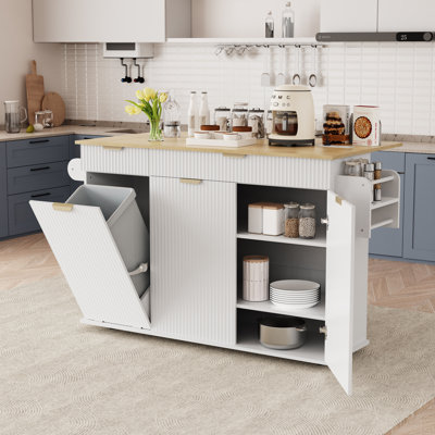 Îlot de cuisine 51 po avec rangement et prise de courant, chariot à îlot de cuisine roulant avec poubelle de rangement, support à épices, porte-serviettes, îlots de cuisine sur roulettes avec rangement, table d'îlot portable pour la cuisine